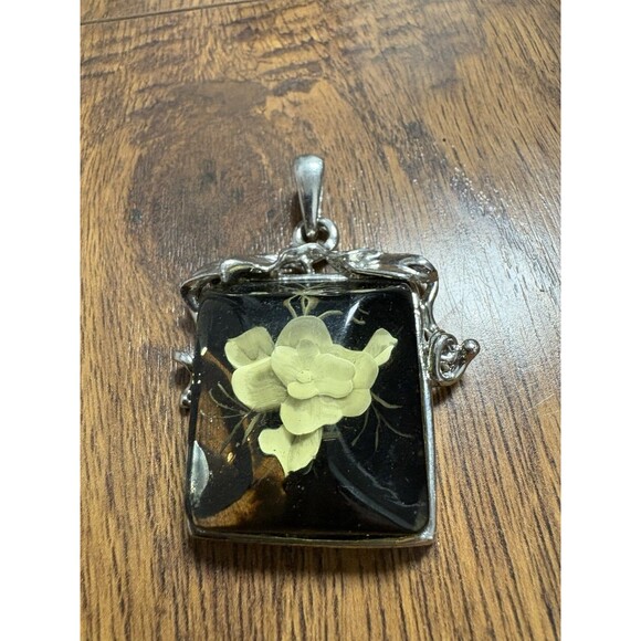 Vintage White Rose Pendant Glass For Necklace Rectangle Silver Tone - Picture 4 of 8